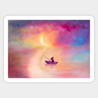 Sleeping fisherman under the moon - watercolor painting Sticker